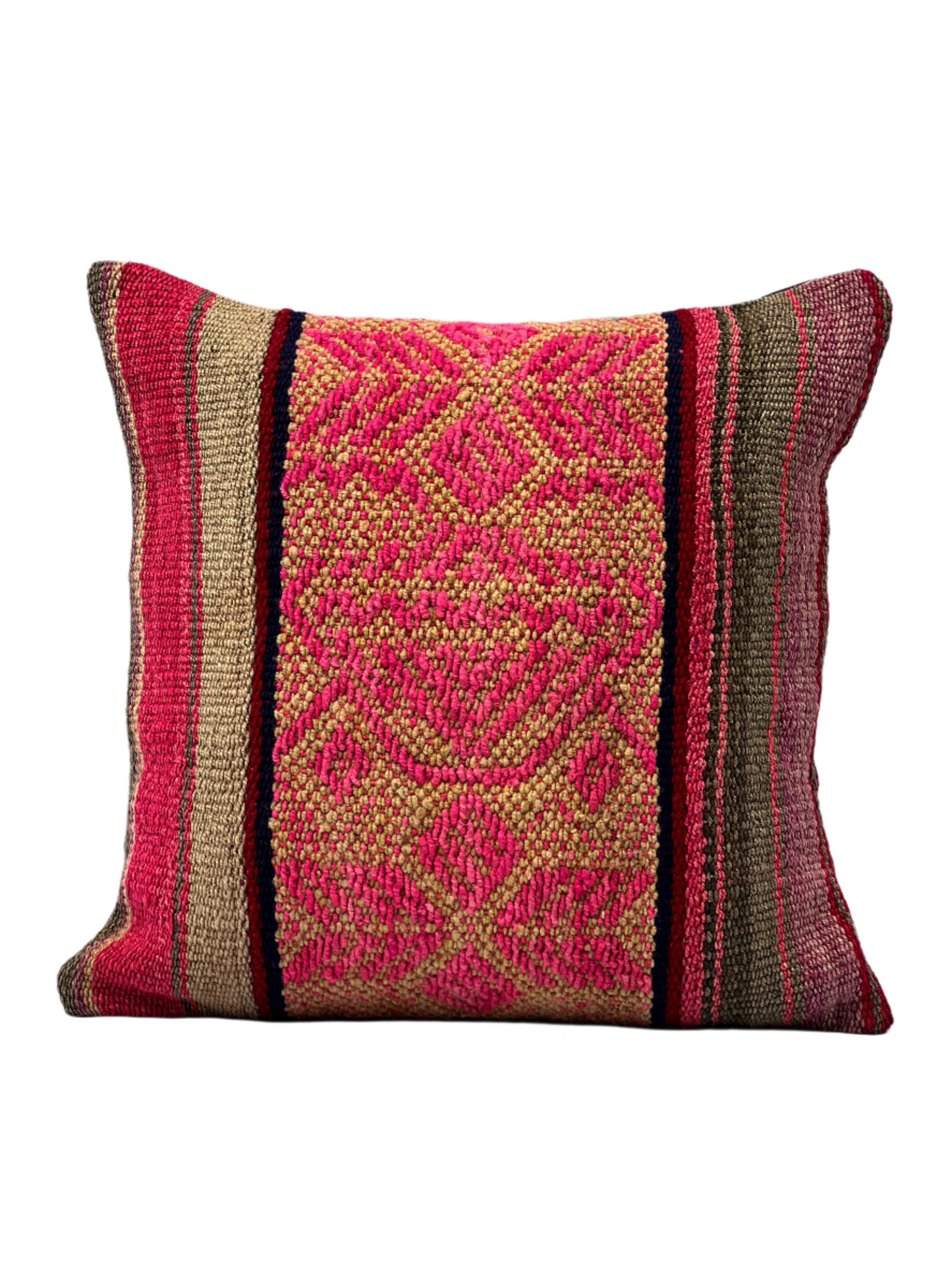 Handmade Andean pink with terra colors square Peruvian cushion cover with colorful Andean patterns  Perfect for Home Decoration Indoors and Outdoors.
General full picture.