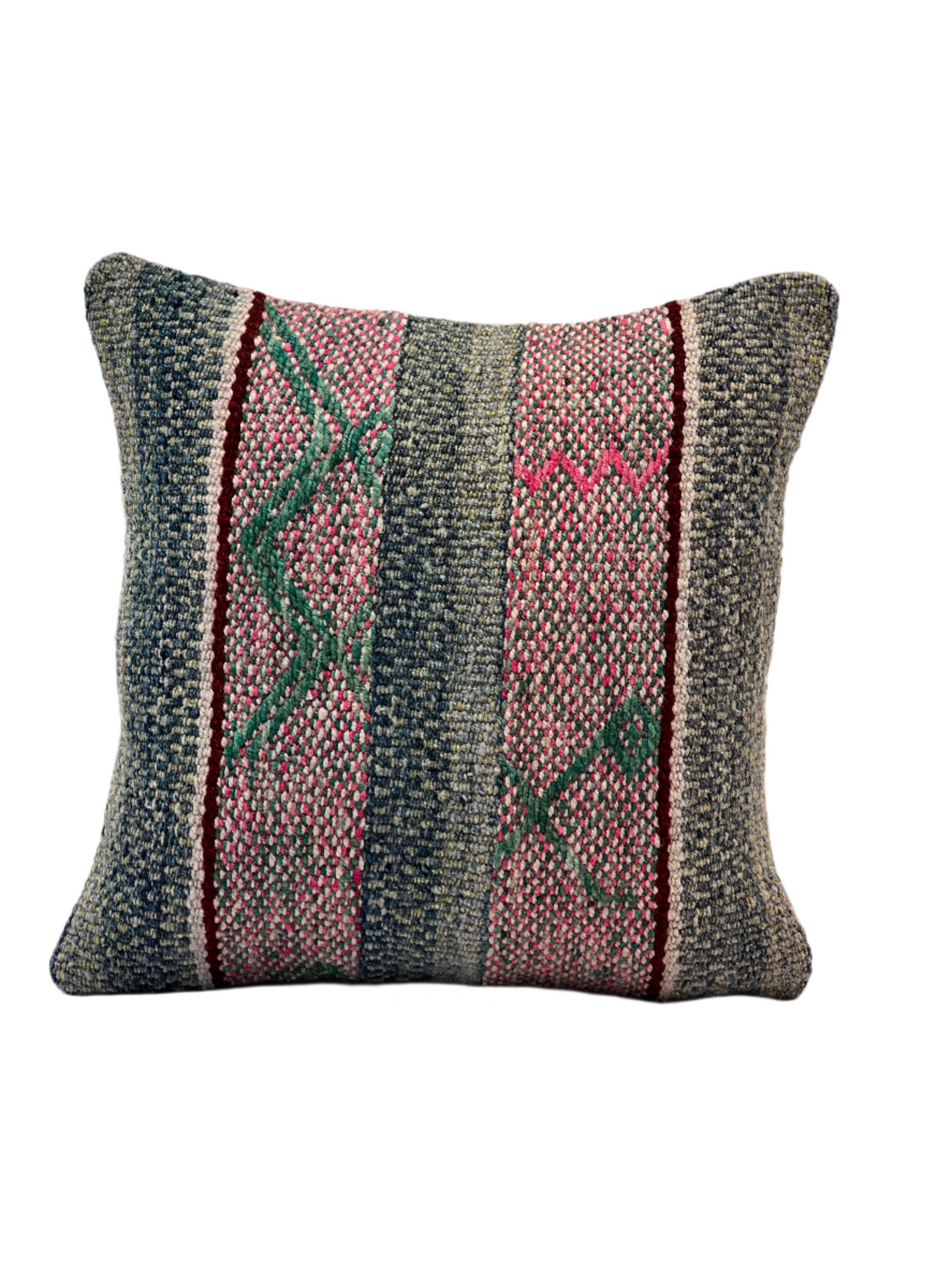 Handmade Andean pink with terra green colors square Peruvian cushion cover with colorful Andean patterns  Perfect for Home Decoration Indoors and Outdoors.
General full picture.