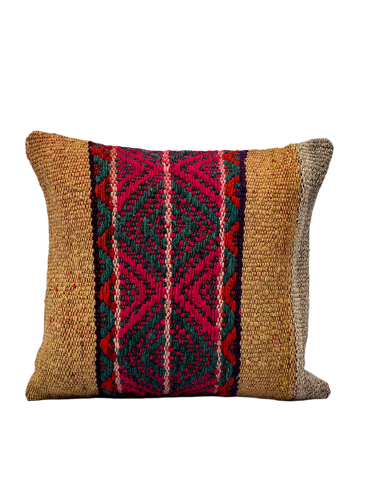 Handmade Andean diamond shaped with terra colors like beige, pink, red, and grey. Square Peruvian cushion cover with colorful Andean patterns. Perfect for Home Decoration Indoors and Outdoors.