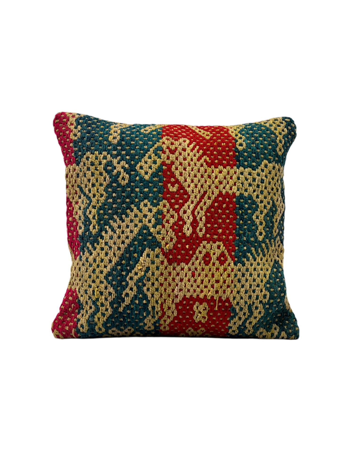 Handmade Andean green with red colors and yellow horses square Peruvian cushion cover with colorful Andean patterns  Perfect for Home Decoration Indoors and Outdoors.
General full picture.