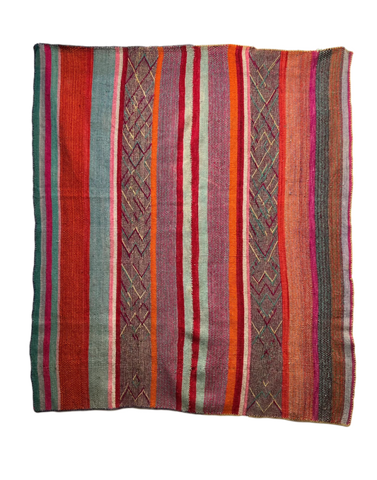 Handmade Andean Orange with green details square Peruvian Frazada with colorful strippes and Andean patterns. Perfect for Home Decoration Indoors and Outdoors.